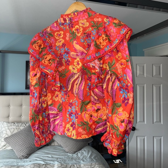 Farm Rio Bananas Ruffle Clip Dot Textured Cotton Blouse RED Puff Sleeve XS - Picture 3 of 7